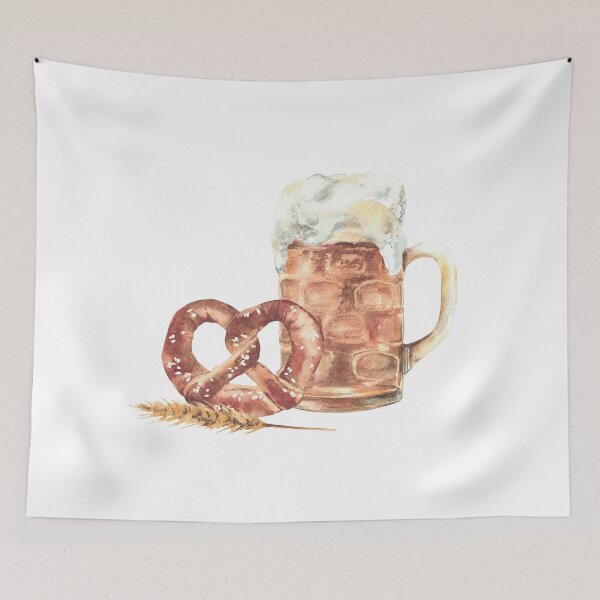 Item preview, Mug of Beer with pretzel spike of malt. Oktoberfest Germany traditional bretzel. Watercolor designed and sold by BartolArt.