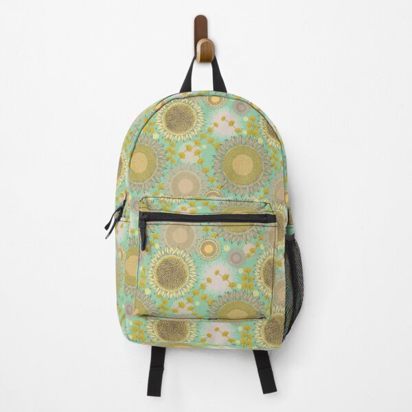 Item preview, Boho Sunflower Bliss mustard yellows blues on soft soft green designed and sold by phatlizzardart.