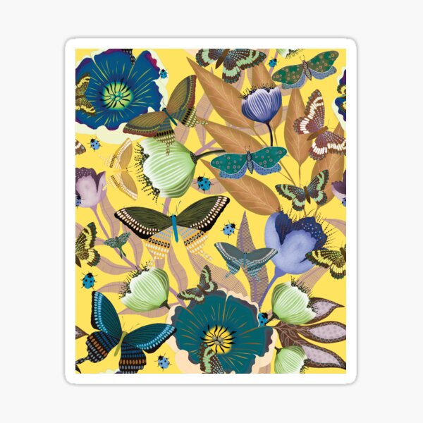 Item preview, Tulips butterflies and lady bugs on warm bright yellow designed and sold by phatlizzardart.