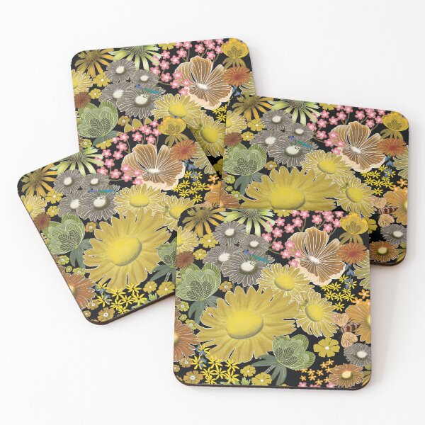 Item preview, daisies, poppies, blue bells, praying mantis, bees on black designed and sold by phatlizzardart.