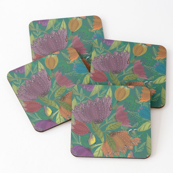 Item preview, Midnight Garden Bloom warm colours on emerald green designed and sold by phatlizzardart.