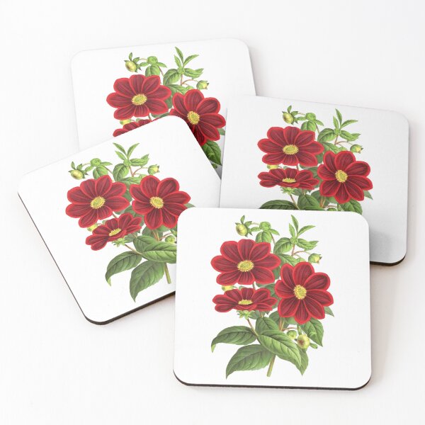 Item preview, Vibrant Red Dahlia Flowers With Green Leaves designed and sold by IrisAndIvy.