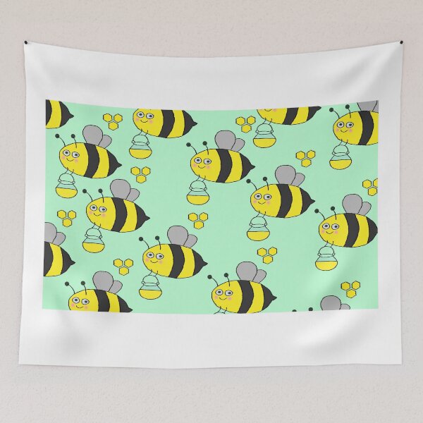 Item preview, Seamless Pattern of Cute Cartoon Bees With Honey Jars on Pastel Background designed and sold by sigoisette.