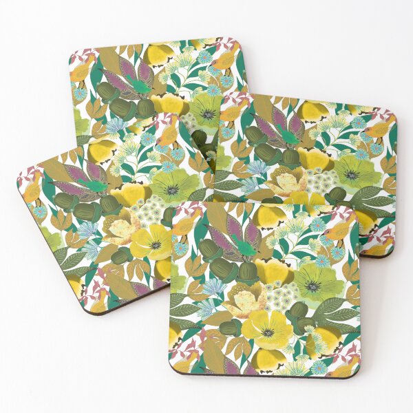 Item preview, Big bold flowers, acorns and fun birds on fresh white designed and sold by phatlizzardart.