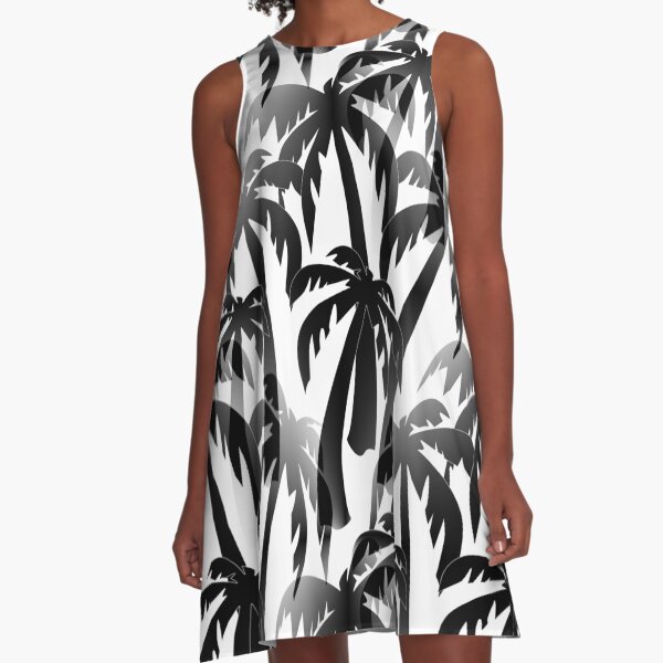 Retro Palm Trees in Black and White A-Line Dress