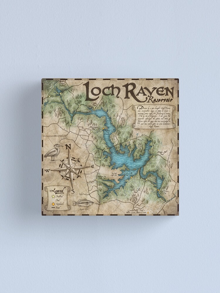 "Loch Raven Reservoir Hiking Trail Map Antique Cartography" Canvas