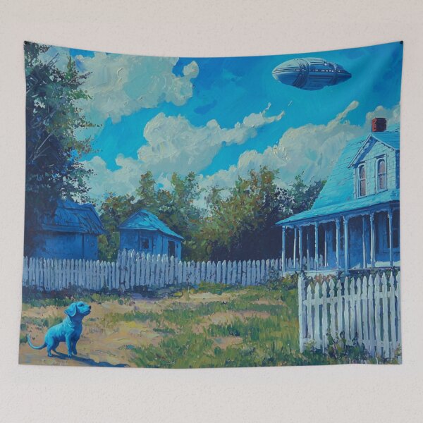 Item preview, Blue Dog and Alien Spaceship Sci-Fi Art designed and sold by Fantasy Masterpiece.