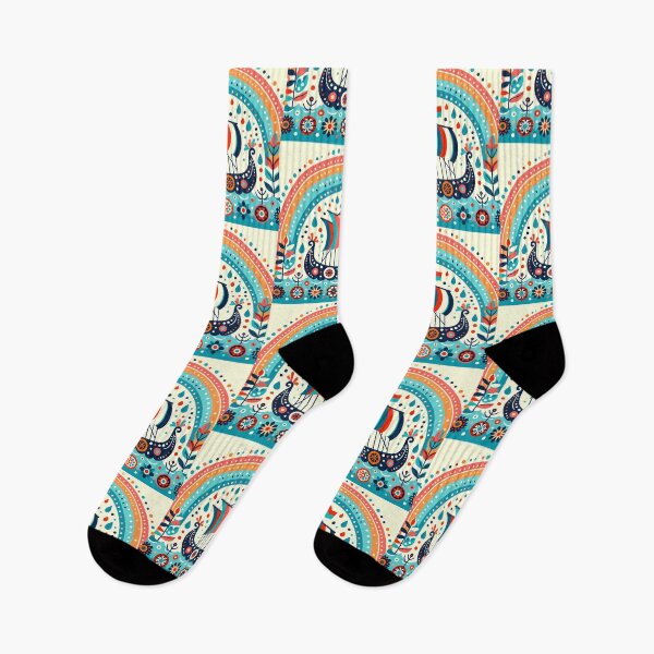 Item preview, Scandinavian Folk Art Viking Ship – Ocean Teals, Rainy Skies, and Nordic Spirit by heidiannemorris designed and sold by FOLK ART FUSION by heidiannemorris.