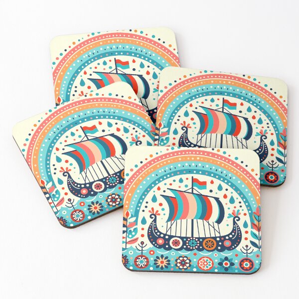 Item preview, Scandinavian Folk Art Viking Ship – Ocean Teals, Rainy Skies, and Nordic Spirit by heidiannemorris designed and sold by FOLK ART FUSION by heidiannemorris.