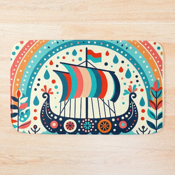 Item preview, Scandinavian Folk Art Viking Ship – Ocean Teals, Rainy Skies, and Nordic Spirit by heidiannemorris designed and sold by FOLK ART FUSION.
