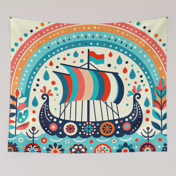 Item preview, Scandinavian Folk Art Viking Ship – Ocean Teals, Rainy Skies, and Nordic Spirit by heidiannemorris designed and sold by FOLK ART FUSION by heidiannemorris.