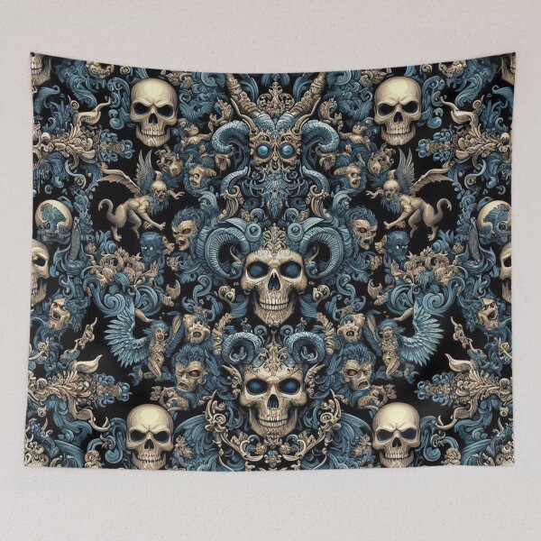 Item preview, Black & Blue Baroque: Demonic Opulence Luxury Fashion Art Gothic Metal Haute Couture with Skull Motifs & Dark Glamour BJJ designed and sold by blackdoggdesign.