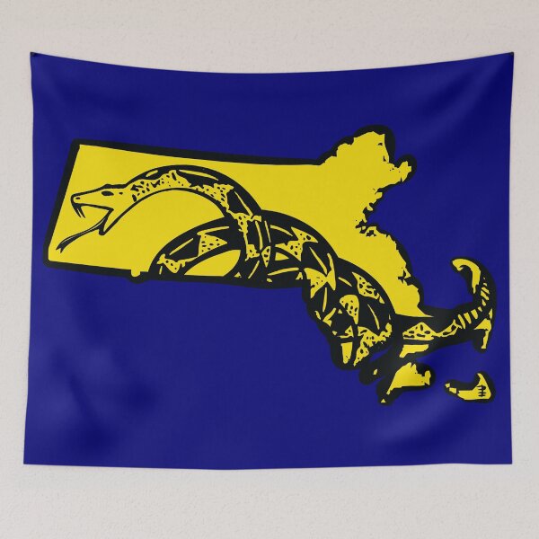 Item preview, MASSACHUSETTS  - Libertarian - Don't Tread On Me Gadsden Snake on MASSACHUSITE BAY STATER Map on Blue default background, #020279 designed and sold by pelagio.