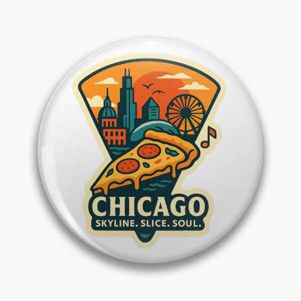 Item preview, Chicago Pizza – Deep Dish Slice with Skyline, Ferris Wheel & Retro City Vibes designed and sold by SixthSolArt.