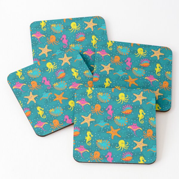Item preview, Cute ocean animals – cartoon octopus, seahorse & ray in turquoise designed and sold by colorofmagic.