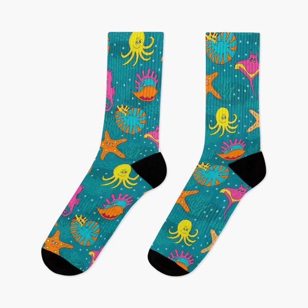 Item preview, Cute ocean animals – cartoon octopus, seahorse & ray in turquoise designed and sold by colorofmagic.