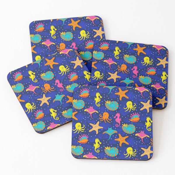 Item preview, Cute ocean animals – cartoon octopus, seahorse & ray in dark blue designed and sold by colorofmagic.