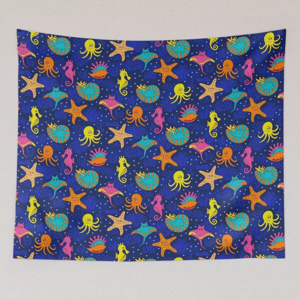 Item preview, Cute ocean animals – cartoon octopus, seahorse & ray in dark blue designed and sold by colorofmagic.