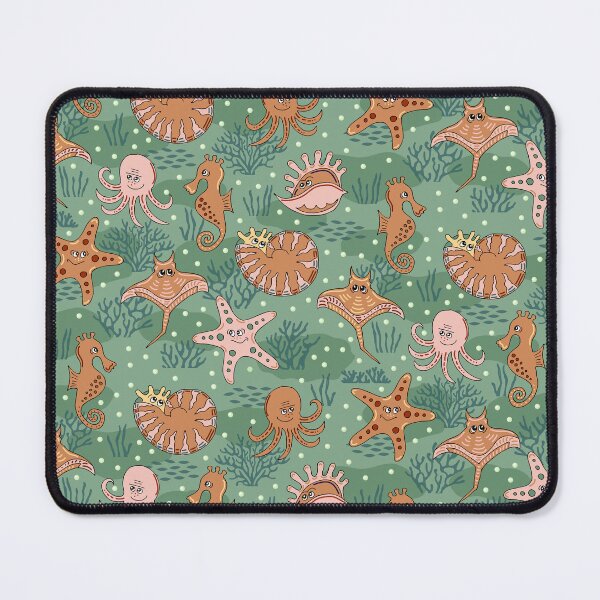 Item preview, Cute ocean animals – cartoon octopus, seahorse & ray in green and ochre designed and sold by colorofmagic.
