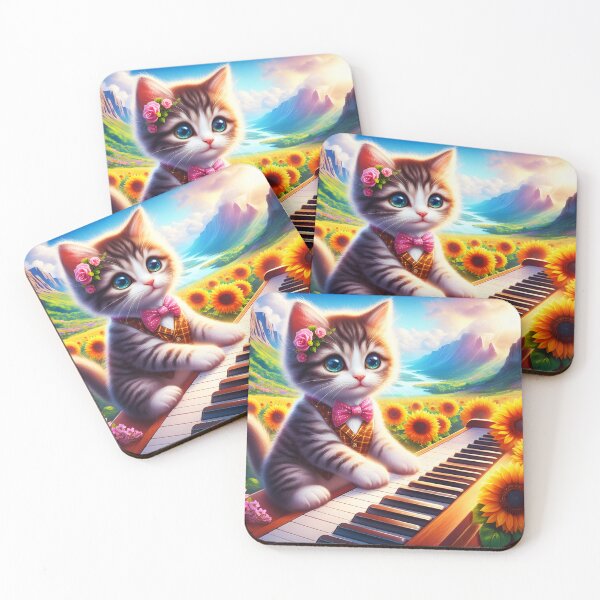 Artikelvorschau, Entzückende getigerte Katze spielt Klavier in einem Tal der Sonnenblumen Cartoon entworfen und verkauft von EmeraldMusic.