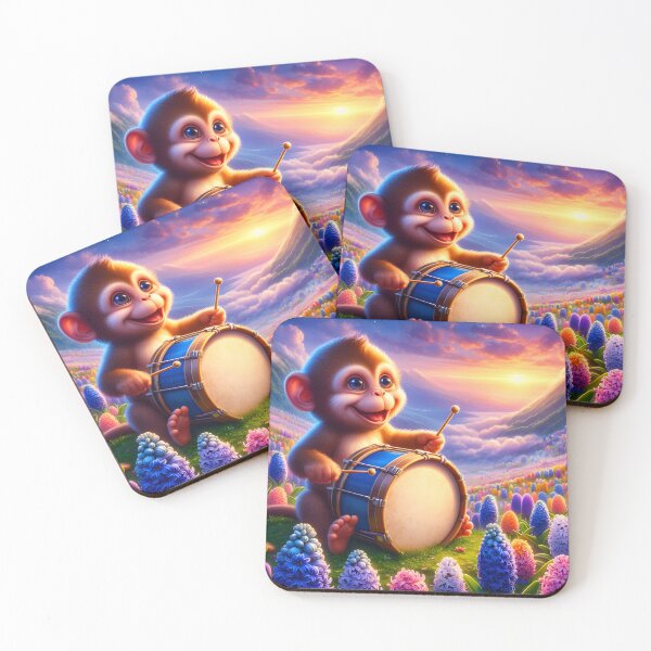 Item preview, Adorable monkey playing drum in a valley of hyacinths cartoon designed and sold by EmeraldMusic.