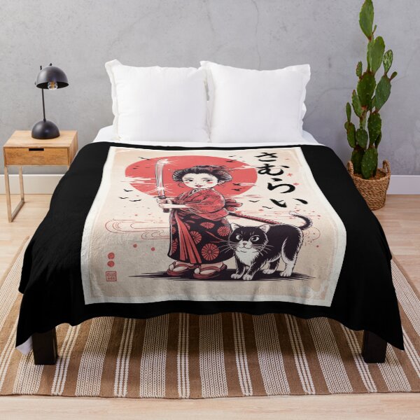Item preview, Kawaii Samurai Girl Anime Warrior with Katana Fluffy Black Cat Japanese Art Style designed and sold by Damcoc.