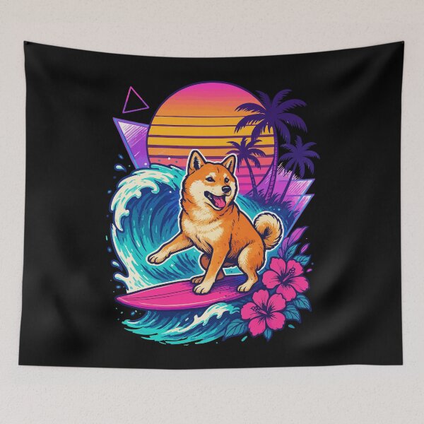 Item preview, Shiba Inu Dog Surfing Wave Summer Retro designed and sold by TomFrontierArt.