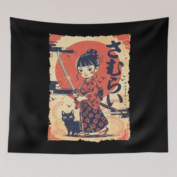 Item preview, Iconic Kawaii Samurai Girl Black Cat Authentic Vintage Japanese Style designed and sold by Damcoc.