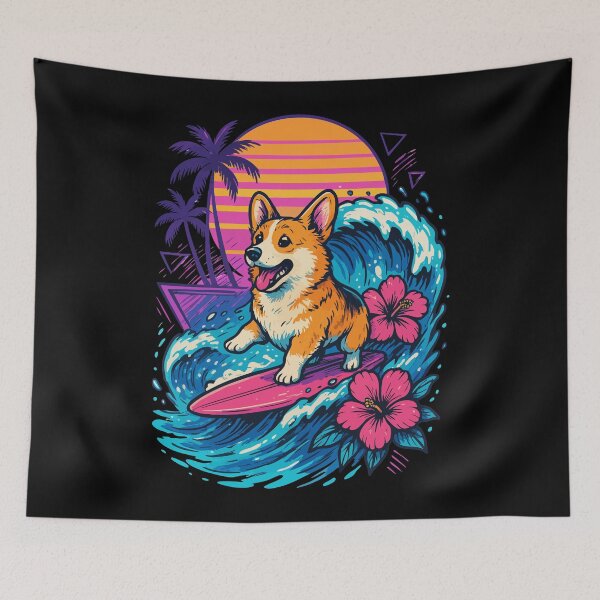 Item preview, Corgi Dog Surfing Wave Summer Retro designed and sold by TomFrontierArt.