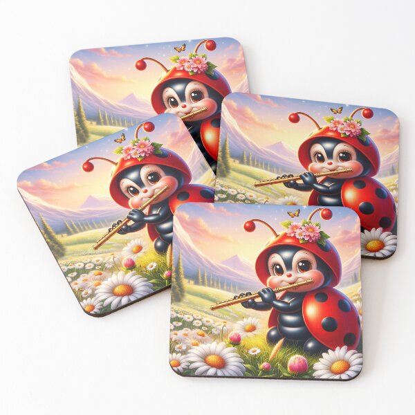Item preview, Adorable ladybug playing flute in a valley of daisies designed and sold by EmeraldMusic.