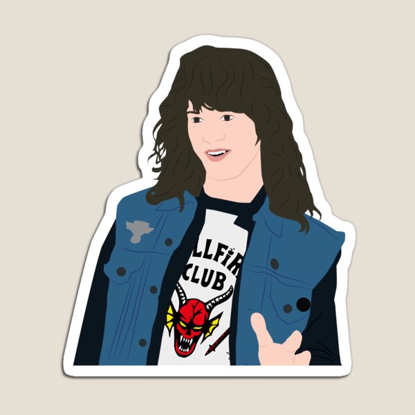 Aperçu de l'œuvre Eddie Munson Denim Hellfire Stranger Things Netflix créée et vendue par KamiTrendz.