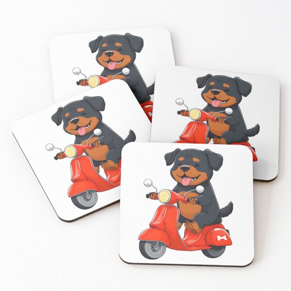 Item preview, Cheerful Rottweiler Riding A Red Scooter Cartoon designed and sold by MountAshDesigns.