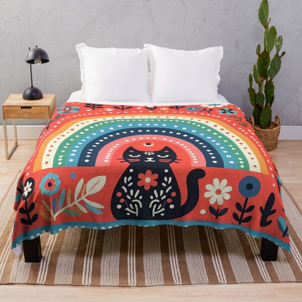 Item preview, Scandinavian Folk Art Black Cat – Coral Glow, Rainbow Calm, and Floral Magic by heidiannemorris designed and sold by FOLK ART FUSION by heidiannemorris.