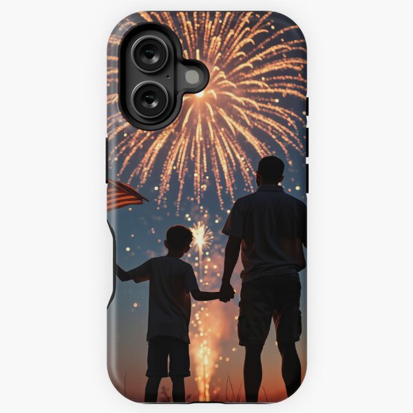 Item preview, Father and Son Holding American Flags Under Fireworks designed and sold by Maria Dryfhout.