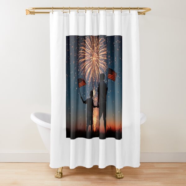 Item preview, Father and Son Holding American Flags Under Fireworks designed and sold by Maria Dryfhout.