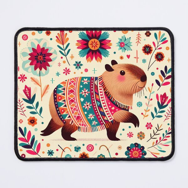 Item preview, Scandinavian Folk Art Capybara – Teal, Red and Orange Flowers with Geometric Jumper by heidiannemorris designed and sold by FOLK ART FUSION.