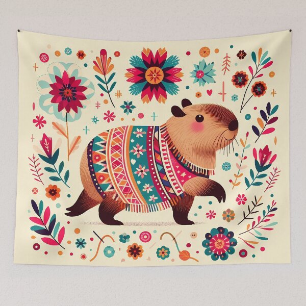 Item preview, Scandinavian Folk Art Capybara – Teal, Red and Orange Flowers with Geometric Jumper by heidiannemorris designed and sold by FOLK ART FUSION.