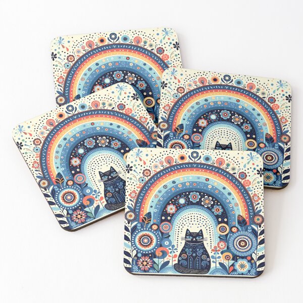 Item preview, Scandinavian Folk Art Cat – Indigo, Coral, and Sky Rainbow by heidiannemorris designed and sold by FOLK ART FUSION by heidiannemorris.