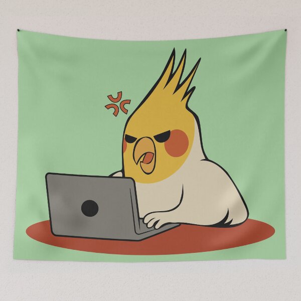 Item preview, angry cockatiel on laptop designed and sold by Mighty-Blue.