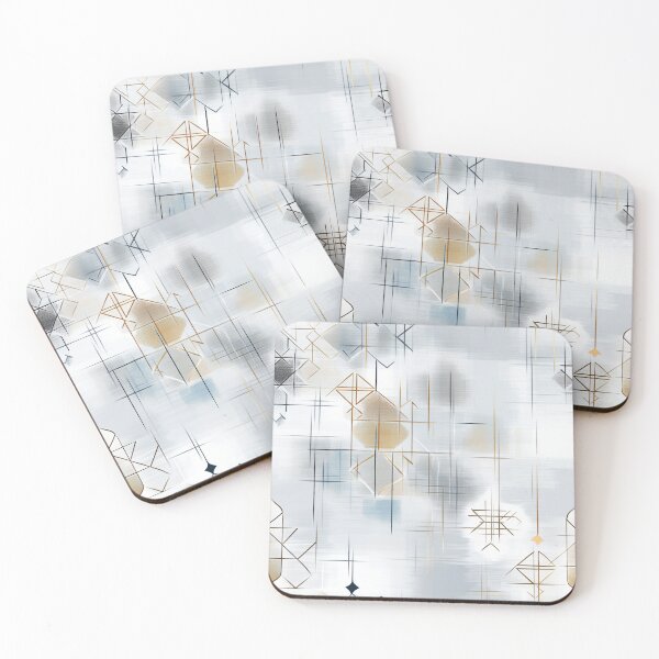 Item preview, Abstract Geometric Pattern with Floating Lines and Star Motifs in Blue, Gold, and Gray designed and sold by Moisky Patterns.