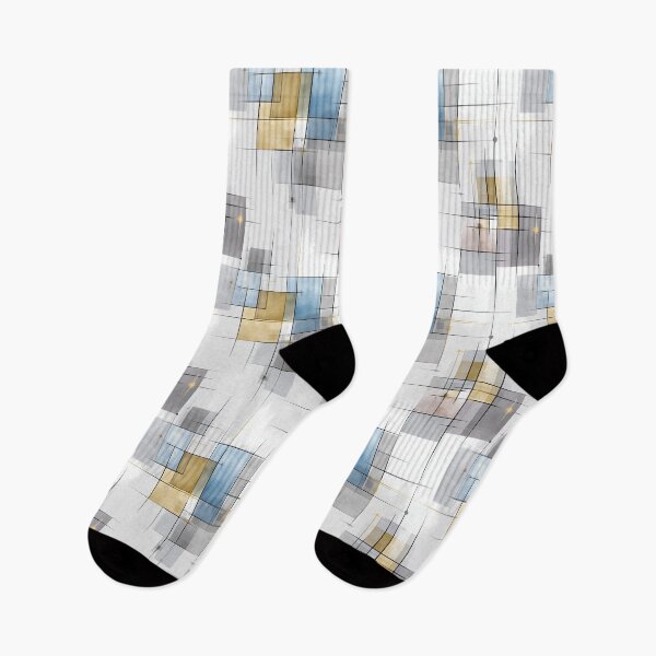 Aperçu de l'œuvre Motif géométrique abstrait minimaliste avec des rectangles superposés et des lignes fines en gris doux, bleu et or créée et vendue par Moisky Patterns.