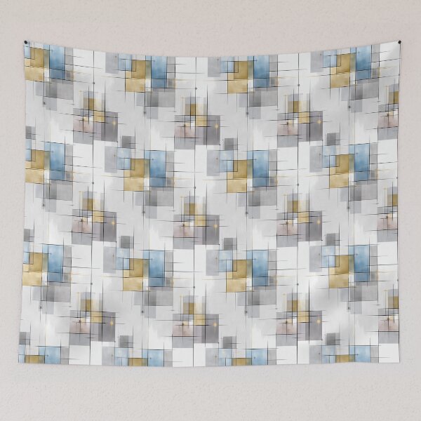 Item preview, Minimalist Geometric Abstract Pattern with Overlapping Rectangles and Fine Lines in Soft Gray, Blue, and Gold designed and sold by Moisky Patterns.