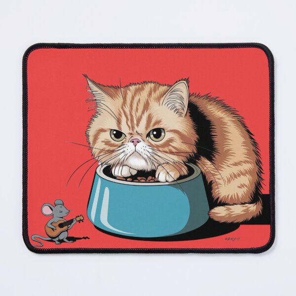 Item preview,  Persian cat waiting behind a big bowl for food and a tiny mice playing an ukulele nearby designed and sold by 123ks.