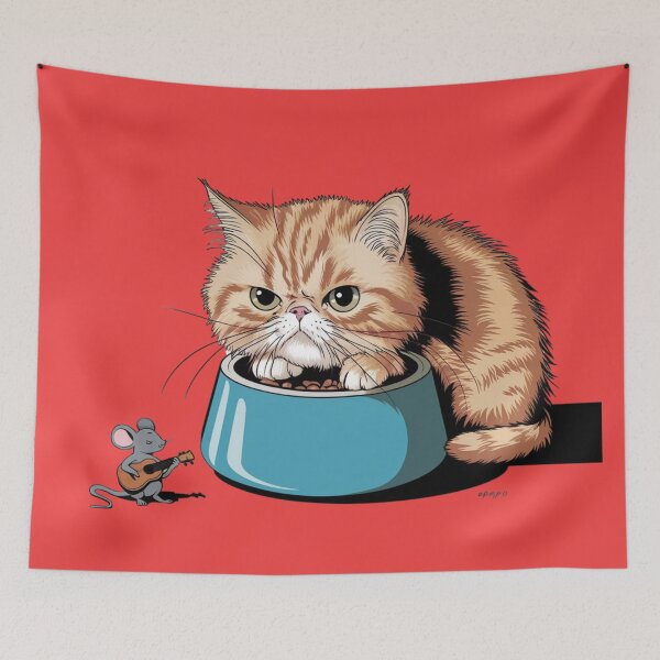 Item preview,  Persian cat waiting behind a big bowl for food and a tiny mice playing an ukulele nearby designed and sold by 123ks.