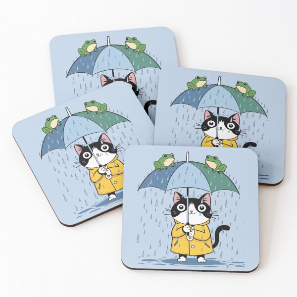 Item preview, a cat wearing a yellow raincoat while raining day, holding an umbrella against heavy raining and two flog sitting on an umbrella designed and sold by 123ks.