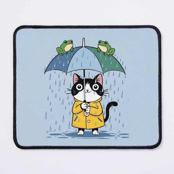 Item preview, a cat wearing a yellow raincoat while raining day, holding an umbrella against heavy raining and two flog sitting on an umbrella designed and sold by 123ks.