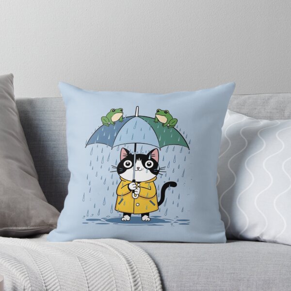 Item preview, a cat wearing a yellow raincoat while raining day, holding an umbrella against heavy raining and two flog sitting on an umbrella designed and sold by 123ks.