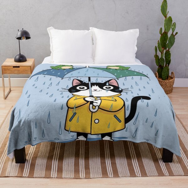 Item preview, a cat wearing a yellow raincoat while raining day, holding an umbrella against heavy raining and two flog sitting on an umbrella designed and sold by 123ks.
