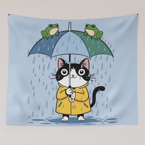 Item preview, a cat wearing a yellow raincoat while raining day, holding an umbrella against heavy raining and two flog sitting on an umbrella designed and sold by 123ks.
