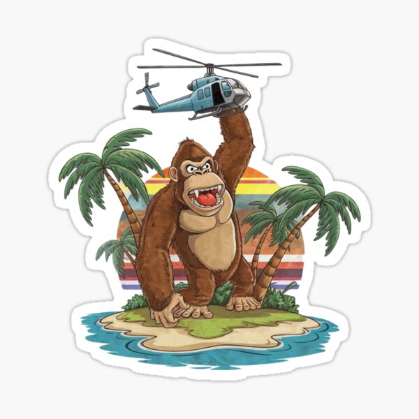 Item preview, King Kong holding and hanging by one hand on a helicopter while a helicopter flies above coconut trees on a mystery island designed and sold by 123ks.